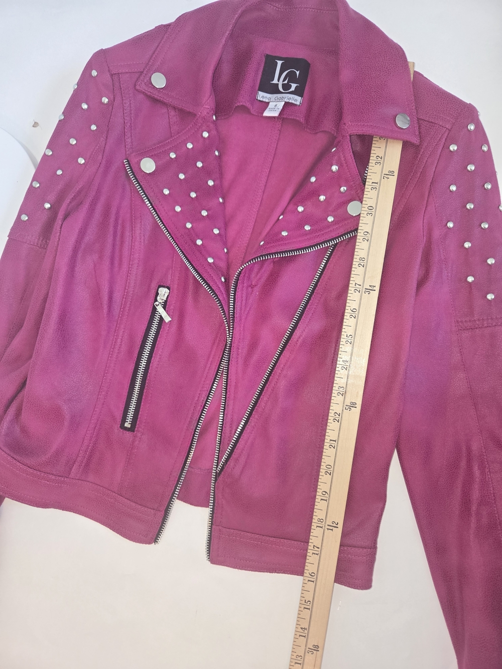 LG Pink Studded Moto Faux Leather Jacket With Zipper Accents- Women's Size 6 - Picture 10 of 15